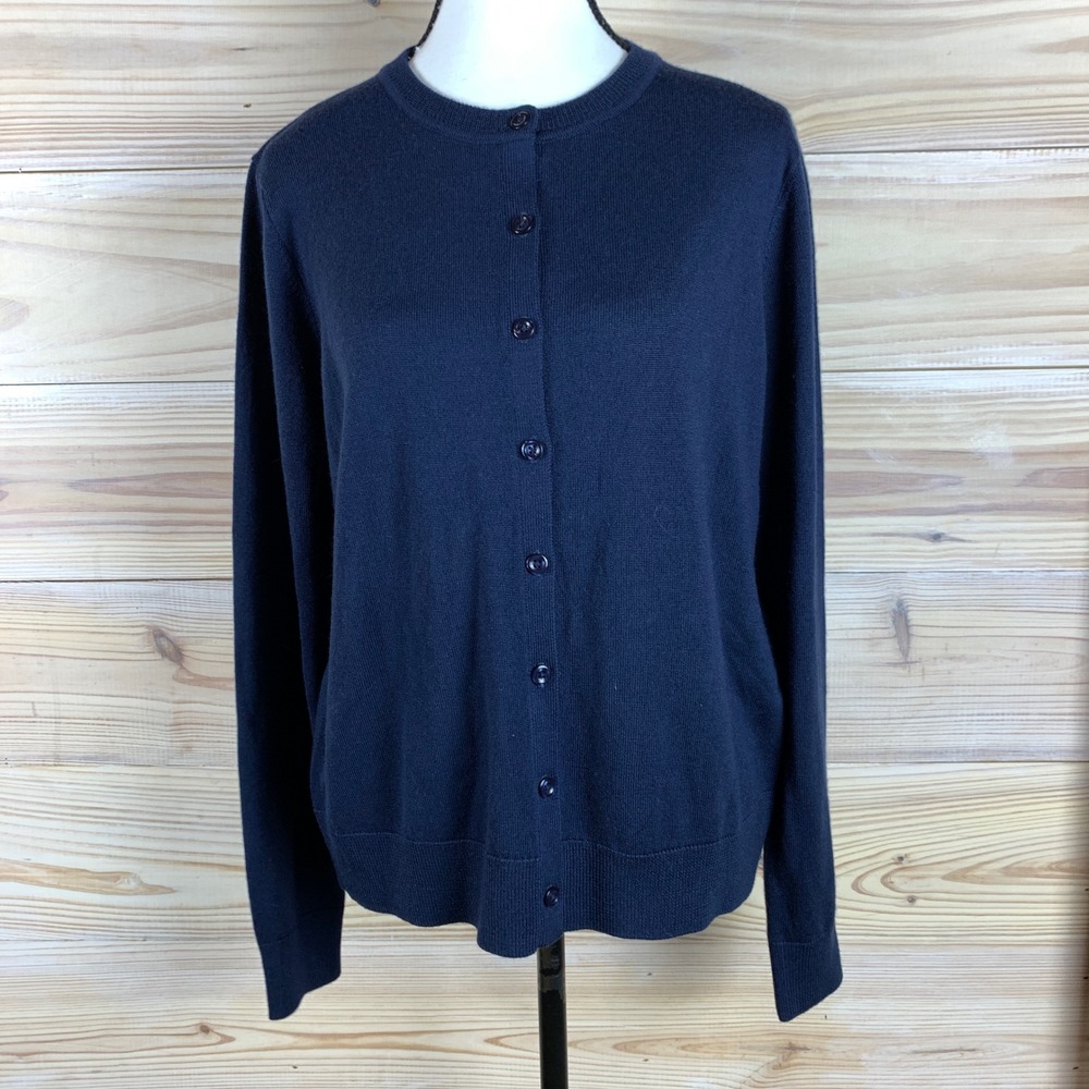 Caslon Cardigan Womens Large Navy Merino Wool Blend Crew Neck Button Front